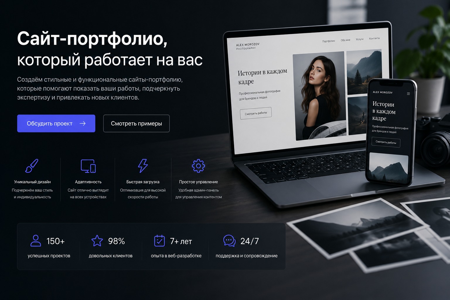 Демонстрационный пример сайта-портфолио с работами, адаптивом, преимуществами и блоком доверия